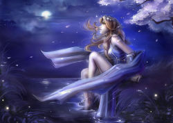 Rule 34 | 1girl, alternate color, animal, animal around neck, anklet, barefoot, blonde hair, blue dress, blue sleeves, breasts, circlet, closed mouth, commentary, detached sleeves, dress, ekaterina orange, english commentary, flower, flower in mouth, fox, full body, full moon, grass, horizon, jewelry, long hair, looking afar, medium breasts, moon, night, pelvic curtain, petals, pink flower, professor (ragnarok online), ragnarok online, sleeveless, sleeveless dress, soaking feet, solo, stream, striped sleeves, tree, water, yellow eyes
