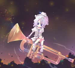 Rule 34 | 1girl, :o, ana (rznuscrf), blue eyes, female focus, hat, instrument, light purple hair, looking down, merlin prismriver, mini person, minigirl, musical note, oversized object, purple eyes, short hair, sitting, sitting on object, solo, touhou, trumpet