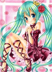 Rule 34 | 1girl, aqua eyes, aqua hair, blush, detached sleeves, dress, flower, hair flower, hair ornament, hand on own chest, hatsune miku, high heels, hinako (turip-turop), long hair, marker (medium), pastel (medium), project diva (series), project diva 2nd, romeo to cinderella (vocaloid), shoes, sitting, smile, solo, traditional media, twintails, very long hair, vocaloid