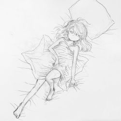 Rule 34 | 1girl, awaya yawako, bed sheet, dot mouth, greyscale, highres, knee up, long hair, looking at viewer, lying, monochrome, nude, on back, original, pillow, simple background, solo, swept bangs