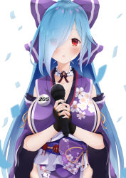 Rule 34 | .live, 1girl, absurdres, blue hair, blush, bow, breasts, collarbone, commentary request, confetti, detached sleeves, hair bow, hair over one eye, highres, japanese clothes, large breasts, long hair, microphone, open mouth, red eyes, solo, suzushika (13 96), virtual youtuber, yamato iori