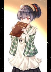 Rule 34 | 1girl, absurdres, black bow, blush, book, bow, breasts, brown background, covered mouth, dress, frills, gradient background, grey hair, hair ornament, hair ribbon, highres, hiiragi kei, holding, holding book, idolmaster, idolmaster shiny colors, looking at viewer, morino rinze, red eyes, red ribbon, ribbon, short hair, solo, white background