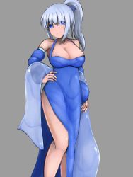 Rule 34 | blue dress, blue eyes, breasts, cleavage, dress, large breasts, ponytail, rethnick, smile, sura shrine maiden