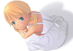 Rule 34 | 1girl, blonde hair, blue eyes, bow, dress, hairband, hand on another&#039;s chin, kiriman (souldeep), kneeling, looking up, short twintails, smile, solo, twintails, white dress