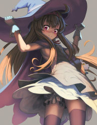 Rule 34 | 1girl, ahoge, armpits, arms up, bag, black cloak, black headwear, black thighhighs, blonde hair, bloomers, cat, cloak, dress, from behind, gloves, grey background, hairband, hands on headwear, hat, highres, hironii (hirofactory), little witch nobeta, long hair, looking back, nobeta, red eyes, short dress, simple background, sleeveless, sleeveless dress, smile, solo, thighhighs, thighs, underwear, white dress, white gloves, wind, wind lift, witch hat