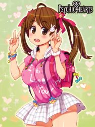 Rule 34 | 1girl, ahoge, backpack, bag, blush, bow, bracelet, breasts, brown eyes, brown hair, clothes writing, copyright name, covered erect nipples, cowboy shot, double v, hair bow, jewelry, charm (object), large breasts, logo, long hair, looking at viewer, lowres, official art, open mouth, outline, panties, panty peek, plaid, plaid skirt, psychic hearts, randoseru, ryoji (nomura ryouji), scrunchie, short sleeves, skirt, smile, solo, sparkle, suspenders, twintails, underwear, v, wrist scrunchie