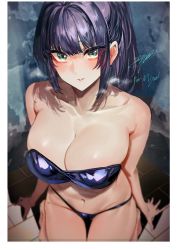 Rule 34 | 1girl, bare shoulders, bikini, black bikini, black hair, blush, breasts, collarbone, commission, green eyes, highres, large breasts, long hair, looking at viewer, navel, original, parted lips, ponytail, signo aaa, skeb commission, solo, swimsuit, thighs