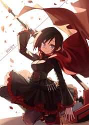 Rule 34 | 1girl, black dress, black hair, cape, closed mouth, crescent rose, dress, falling petals, frilled dress, frilled sleeves, frills, gradient hair, grey eyes, holding, holding scythe, kneeling, looking at viewer, multicolored hair, petals, red cape, red hair, ruby rose, rwby, scythe, shiki (shikki46), simple background, smile, solo, white background