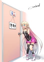 Rule 34 | 1girl, absurdres, ahoge, artist name, asymmetrical legwear, bare shoulders, between legs, black shirt, black socks, blue eyes, blush, boots, braid, breasts, choker, collarbone, detached sleeves, door, female focus, full body, hand between legs, have to pee, highres, ia (vocaloid), kneehighs, knees together feet apart, long hair, open mouth, overlord80000, own hands together, pigeon-toed, pink skirt, platinum blonde hair, pleated skirt, shirt, skirt, small breasts, socks, solo, standing, tears, teeth, text focus, thigh strap, thighhighs, toilet sign, translated, twin braids, uneven legwear, v arms, very long hair, vocaloid, white footwear