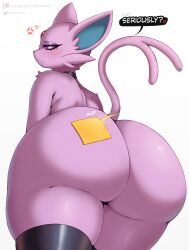 Rule 34 | 1girl, absurdres, anger vein, annoyed, ass, blush, cheese, choker, colored sclera, creatures (company), espeon, food, forehead jewel, forked tail, frown, furry, furry female, game freak, gammainks, gen 2 pokemon, highres, huge ass, nintendo, pokemon, pokemon (creature), purple fur, purple sclera, simple background, tail, white background, white eyes