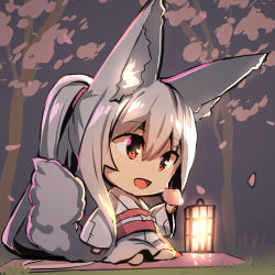 Rule 34 | 1girl, :d, absurdres, animal ear fluff, animal ears, barefoot, blanket, blush, chibi, commentary request, fox ears, fox girl, fox tail, full body, grass, hair between eyes, highres, holding, japanese clothes, kimono, lantern, long hair, looking away, night, obi, open mouth, original, outdoors, patch, petals, ponytail, red eyes, sash, silver hair, sitting, smile, solo, tail, tail raised, tree, very long hair, white kimono, wide sleeves, yuuji (yukimimi)