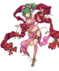 Rule 34 | 1girl, breasts, cleavage, feet, female focus, fire emblem, fire emblem: genealogy of the holy war, fire emblem heroes, full body, green eyes, green hair, highres, lene (fire emblem), long hair, looking at viewer, matching hair/eyes, medium breasts, midriff, navel, nintendo, official art, pelvic curtain, sandals, smile, solo, standing, thigh strap, toes, transparent background, yoshiku (oden-usagi)