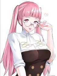 Rule 34 | 1girl, artist name, bespectacled, female focus, fire emblem, fire emblem: three houses, glasses, heart, highres, hilda valentine goneril, long hair, matching hair/eyes, nintendo, pink eyes, pink hair, short sleeves, simple background, solo, tommy (kingdukeee), tongue, tongue out, twintails, twitter username, uniform, upper body, white background