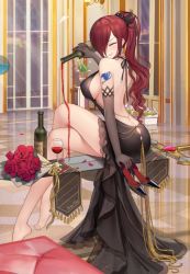 Rule 34 | 1girl, alcohol, artist request, ass, blush, bottle, bouquet, breasts, butt crack, covered erect nipples, cup, dress, drinking glass, erza scarlet, fairy tail, flower, hair over one eye, high heels, highres, houchi shoujo, large breasts, long dress, long hair, ponytail, presenting, red hair, sideboob, sitting, smile, solo, sword, tagme, tattoo, weapon, wine, wine bottle, wine glass