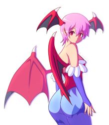 Rule 34 | 1girl, ass, bare shoulders, blue pantyhose, breasts, bridal gauntlets, capcom, from behind, hair between eyes, head wings, highres, leotard, lilith aensland, looking at viewer, looking back, nekiis, pantyhose, purple hair, red eyes, shiny clothes, shiny skin, short hair, sideboob, simple background, small breasts, solo, thong leotard, vampire (game), white background, wings