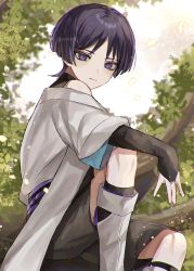 Rule 34 | 1boy, artist name, bare shoulders, black hair, black shirt, black shorts, blush, branch, bridal gauntlets, closed mouth, commentary request, genshin impact, highres, in tree, jacket, japanese clothes, knee up, leaf, looking at viewer, male focus, off shoulder, parted bangs, petals, purple eyes, scaramouche (genshin impact), shirt, short hair, short sleeves, shorts, sidelocks, sitting, sleeveless, sleeveless shirt, solo, tree, twitter username, wanderer (genshin impact), white jacket, wide sleeves, woooi