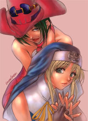 Rule 34 | 1boy, 1girl, arc system works, artist name, bare shoulders, black gloves, blonde hair, blue eyes, bridget (guilty gear), cowboy hat, crossdressing, fingerless gloves, gloves, green eyes, green hair, guilty gear, guilty gear xx, habit, hat, i-no, interlocked fingers, licking lips, lipstick, looking at viewer, makeup, mole, neck ribbon, nun, own hands together, parted lips, red hat, ribbon, sleeveless, tongue, tongue out, trap, walnov, witch hat