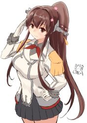 Rule 34 | 1girl, breasts, brown hair, buttons, cherry blossoms, commentary request, cowboy shot, dated, epaulettes, gloves, grey skirt, headgear, highres, jacket, kantai collection, kashima (kancolle), large breasts, long hair, long sleeves, military, military jacket, military uniform, neckerchief, one-hour drawing challenge, owa (ishtail), pleated skirt, ponytail, red neckerchief, salute, simple background, skirt, solo, uniform, white background, white gloves, white jacket, yamato (kancolle)
