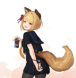 Rule 34 | 1girl, :3, :d, alternate costume, animal ears, bad id, bad pixiv id, black pantyhose, black skirt, blonde hair, blush, braid, brown eyes, can, coffee, commentary request, dog ears, dog tail, erune, flower, granblue fantasy, hair flower, hair ornament, highres, holding, holding can, looking at viewer, open mouth, pantyhose, parted bangs, pleated skirt, red flower, sailor collar, school uniform, serafuku, short hair, skirt, smile, solo, standing, tai (e3d1p), tail, vajra (granblue fantasy), white background, yellow eyes