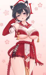 Rule 34 | 1girl, animal ears, armpits, black eyes, black hair, blue archive, blush, breasts, collarbone, commentary, elbow gloves, gloves, hair between eyes, halo, hand up, heartsix, highres, large breasts, looking at viewer, open mouth, pelvic curtain, red gloves, red skirt, rope belt, sailor collar, short hair, sideboob, skirt, solo, tassel, thighs, tsubaki (blue archive), underboob