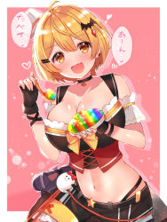 Rule 34 | ahoge, bat hair ornament, blonde hair, breasts, choker, cleavage, collarbone, food, hair ornament, hairclip, heart, highleg, highleg panties, highres, holding, holding spoon, hololive, looking at viewer, mi taro333, navel, open mouth, panties, pink background, revealing clothes, see-through, speech bubble, spoon, underwear, virtual youtuber, yellow eyes, yozora mel, yozora mel (2nd costume)