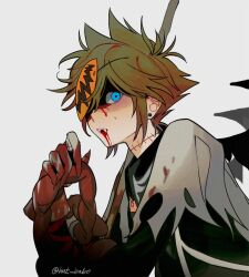 1boy blood blood_from_mouth blood_on_clothes blood_on_face blood_on_hands blue_eyes brown_hair commentary english_commentary fangs gloves guro halloween hat_babo intestines jack-o&#039;-lantern kingdom_hearts kingdom_hearts_ii looking_at_viewer male_focus mask_over_one_eye official_alternate_costume open_mouth pumpkin pumpkin_mask short_hair sora_(halloween_town)_(kingdom_hearts) sora_(kingdom_hearts) spiked_hair twitter_username