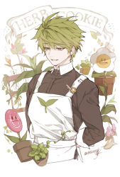 Rule 34 | 1boy, apron, bebseo, brown eyes, brown shirt, candy, character name, collared shirt, cookie run, en, flower, flower pot, food, green hair, herb cookie, highres, leaf, lollipop, male focus, personification, petals, plant, planting, potted plant, shirt, short hair, smile, solo, white background