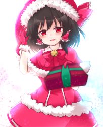 Rule 34 | 1girl, backlighting, bell, black hair, blurry, blush, bow, capelet, cowboy shot, depth of field, dress, foreshortening, frilled bow, frills, gift, gloves, hakurei reimu, hand up, hat, hat bow, head tilt, jingle bell, looking at viewer, pov, red eyes, red gloves, ribbon-trimmed dress, santa costume, santa hat, shiohachi, short hair, simple background, smile, snowflakes, solo, sparkle, touhou, white background