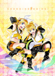 Rule 34 | 1boy, 1girl, blonde hair, blue eyes, brother and sister, kagamine len, kagamine rin, kitano tomotoshi, leg warmers, looking at viewer, midriff, navel, one eye closed, open mouth, short hair, shorts, siblings, smile, twins, vocaloid, wink