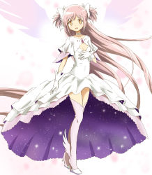Rule 34 | 1girl, absurdly long hair, ankle wings, bow, brown eyes, choker, cleavage cutout, clothing cutout, dress, foot wings, full body, gloves, hair bow, hand on own chest, high heels, highres, kaname madoka, kinfuji, leg wings, long hair, looking at viewer, mahou shoujo madoka magica, mahou shoujo madoka magica (anime), pink hair, solo, soul gem, spoilers, standing, star (sky), thighhighs, two side up, ultimate madoka, very long hair, white bow, white choker, white dress, white gloves, wings