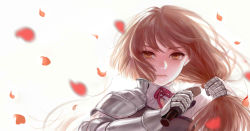 Rule 34 | 1girl, armor, blurry, blurry foreground, brown eyes, closed mouth, cutting hair, depth of field, gauntlets, highres, holding, holding sword, holding weapon, knight, light brown hair, long hair, neck ribbon, original, pauldrons, petals, plate armor, red ribbon, ribbon, shoulder armor, simple background, solo, sword, upper body, weapon, white background