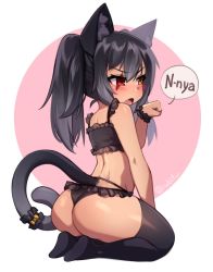 Rule 34 | 1girl, animal ear fluff, animal ears, artist name, ass, bare shoulders, black bra, black hair, black panties, black scrunchie, black thighhighs, blush, bra, cat ears, cat girl, cat tail, chibi, commentary, english commentary, fang, frilled bra, frilled panties, frills, full body, hair between eyes, hand up, heterochromia, highres, iwbitu, lingerie, long hair, looking away, nyan, open mouth, original, panties, paw pose, pink background, red eyes, scar, scar across eye, scar on face, scrunchie, seiza, simple background, sitting, solo, tail, tail scrunchie, thighhighs, twintails, twitter username, underwear, underwear only, v-shaped eyebrows, wrist scrunchie, yellow eyes