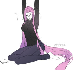 Rule 34 | 1girl, absurdly long hair, arms up, book, breasts, denim, closed eyes, fate/stay night, fate (series), glasses, jeans, large breasts, long hair, medusa (fate), medusa (rider) (fate), official alternate costume, pants, purple hair, sitting, solo, stretching, sweater, translation request, turtleneck, turtleneck sweater, very long hair, wariza, ycco (estrella)