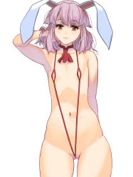 Rule 34 | 1girl, censored, cowboy shot, flat chest, highres, kouno (masao), looking at viewer, mosaic censoring, nipple cutout, original, purple hair, pussy cutout, red eyes, simple background, slingshot swimsuit, solo, standing, swimsuit, white background