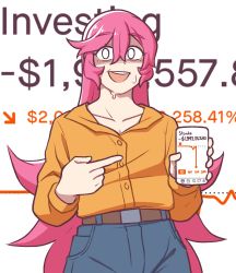 Rule 34 | 1girl, text background, belt, blue pants, buttons, cellphone, collared shirt, female focus, flat chest, graph, hair between eyes, hands up, highres, holding, holding phone, long hair, long sleeves, looking at viewer, meme, messy hair, nervous, nervous smile, open mouth, orange shirt, original, pants, phone, pink hair, pocket, pointing, shirt, shirt tucked in, sidelocks, smartphone, smile, solo, standing, stonks (meme), sweat, teeth, very long hair, vibrantrida, white eyes