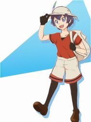 Rule 34 | 1girl, backpack, bag, black gloves, black hair, black pantyhose, blue eyes, brown footwear, gloves, grey shorts, hand on headwear, hat feather, helmet, highres, holding strap, kaban (kemono friends), kemono friends, loafers, looking at viewer, open mouth, pantyhose, pith helmet, red shirt, shirt, shoes, short hair, short sleeves, shorts, smile, solo, t-shirt, taicho no1