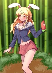 Rule 34 | 1girl, :3, absurdres, alternate costume, animal ears, bamboo, bamboo forest, blazer, blonde hair, blouse, braid, buttons, carrot, collared shirt, eating, forest, growth, highres, jacket, kirisame marisa, light blush, long hair, looking at viewer, miniskirt, nature, navel, pleated skirt, rabbit ears, red skirt, shirt, single braid, skirt, solo, thighs, touhou, undersized clothes, white shirt, xanadu avici, yellow eyes