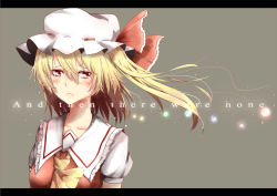 Rule 34 | 1girl, ascot, blonde hair, bow, crying, flandre scarlet, frown, hat, hat bow, highres, koga rejini, letterboxed, no wings, red eyes, side ponytail, simple background, solo, tears, text focus, touhou