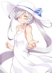 Rule 34 | 10s, 1girl, ^ ^, alternate costume, asashimo (kancolle), bare shoulders, blush, body blush, closed eyes, collarbone, cowboy shot, dress, face, grin, hair over one eye, hat, highres, kantai collection, kusano (torisukerabasu), long hair, multicolored hair, ponytail, reaching, reaching towards viewer, silver hair, simple background, smile, solo, sun hat, sundress, two-tone hair, white background, white dress
