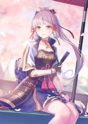 Rule 34 | 1girl, anbe yoshirou, ayaka (genshin impact), bench, blue eyes, blue hair, blue skirt, blunt bangs, blurry, blurry background, blush, branch, breasts, brown choker, cherry blossoms, chest armor, choker, cleavage, collarbone, commentary request, genshin impact, hair ornament, highres, japanese clothes, katana, knees, long hair, looking at viewer, medium breasts, mole, mole under eye, oil-paper umbrella, petals, ponytail, scabbard, sheath, short sleeves, signature, sitting, skirt, smile, snowflake print, solo, sword, tabi, tassel, tree, umbrella, upper body, weapon, wrist guards