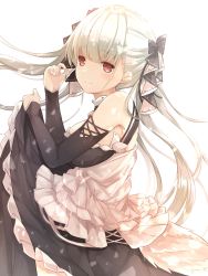 Rule 34 | 1girl, absurdly long hair, azur lane, black dress, breasts, dress, formidable (azur lane), frilled dress, frills, grey hair, hair ribbon, highres, large breasts, long hair, looking at viewer, red eyes, ribbon, simple background, smile, solo, tomura2maru, twintails, two-tone dress, two-tone ribbon, very long hair, white background, white legwear