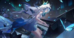 1girl absurdres armlet blue_butterfly blue_hair bug butterfly commentary dress dutch_angle from_side highres hishiki_(pixi14719710) insect instrument jewelry long_hair music playing_instrument playing_piano purple_eyes sitting sleeveless sleeveless_dress solo the_shorekeeper_(wuthering_waves) veil water white_dress white_veil wuthering_waves