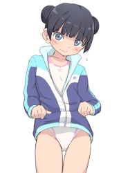 Rule 34 | 1girl, black hair, blue eyes, blunt bangs, blush, bubukka, closed mouth, double bun, embarrassed, hair bun, himenogi rinze, jacket, looking at viewer, love r, one-piece swimsuit, short hair, simple background, solo, swimsuit, swimsuit under clothes, thigh gap, track jacket, white background, white one-piece swimsuit