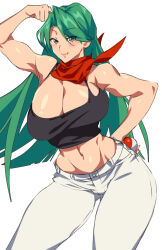 Rule 34 | abs, armpits, bandana, bare shoulders, blush, breasts, cleavage, creatures (company), crop top, emmie (pokemon ecchi), eyebrows, eyebrows hidden by hair, flexing, game freak, green hair, hand on own hip, highres, large breasts, long hair, looking at viewer, navel, nintendo, no bra, pants, poke ball, pokemon, pokemon ecchi, scarf, shiny skin, shishimai33, sleeveless, smile, standing, thick thighs, thighs, white background, white pants, wide hips, yellow eyes