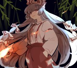 Rule 34 | 1girl, arm garter, backlighting, baggy pants, bamboo, black background, bow, buttons, collared shirt, commentary request, cowboy shot, fire, flaming hand, floating hair, fujiwara no mokou, hair bow, hands in pockets, highres, hime cut, kerok (joniko1110), long hair, looking down, ofuda, ofuda on clothes, outstretched arm, pants, red eyes, red pants, shirt, sidelocks, silver hair, smile, solo, sparks, suspenders, teeth, touhou, very long hair, white bow, white shirt