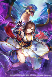 Rule 34 | 1girl, arm up, asymmetrical bangs, blue gloves, breasts, brown hair, claw pose, cleavage, commentary request, company name, dagger, dragon, dress, elbow gloves, fighting stance, fingernails, floral print, frills, full body, gauntlets, gloves, gold trim, grin, hair between eyes, highres, knife, leg up, looking at viewer, medium breasts, nemusuke, official art, red eyes, red ribbon, ribbon, romancing saga re;universe, sash, sharp fingernails, sheath, sheathed, short hair, slit pupils, smile, solo, weapon, white dress