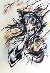 Rule 34 | 1girl, arm at side, ascot, bare shoulders, black hair, black ribbon, bow, branch, brown bow, brown skirt, brown vest, calligraphy brush (medium), closed mouth, commentary request, detached sleeves, floating hair, frilled bow, frilled shirt collar, frills, hair bow, hair tubes, hakurei reimu, hand up, holding, ikeda ruriko, long hair, looking at viewer, ofuda, painting (medium), pleated skirt, ribbon, sidelocks, skirt, skirt set, sleeve ribbon, smile, solo, touhou, traditional media, vest, white sleeves, wide sleeves, wind, yellow ascot