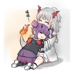 Rule 34 | 2girls, arknights, black footwear, black legwear, blush, chibi, chinese commentary, chinese text, demon horns, dragon girl, dragon horns, dragon tail, ear piercing, closed eyes, flame-tipped tail, horns, hug, jacket, lava (arknights), leg tattoo, mabing, multicolored hair, multiple girls, nian (arknights), open mouth, pantyhose, piercing, ponytail, purple hair, purple shirt, purple skirt, red hair, shirt, short hair with long locks, short twintails, sitting, skirt, socks, streaked hair, tail, tattoo, twintails, white footwear, white hair, white jacket, yuri