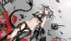 Rule 34 | 1girl, abyssal ship, bare shoulders, black gloves, blood, blood on face, breasts, cameltoe, crop top, damaged, enemy heavy cruiser (warship girls r), from above, gloves, hair over one eye, highres, lying, mechanical tail, midriff, navel, on back, original, outstretched arm, reaching, reaching towards viewer, red eyes, short hair, short shorts, shorts, silver hair, sleeveless, solo, tail, torn clothes, underboob, warship girls r, yishi de wangxiang