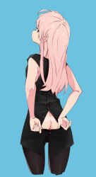 Rule 34 | 1girl, ass, ass cutout, bare arms, black shirt, butt crack, clothing cutout, cowboy shot, cropped legs, from behind, green background, highres, long hair, looking at viewer, looking back, original, pink hair, popman3580, shirt, simple background, solo